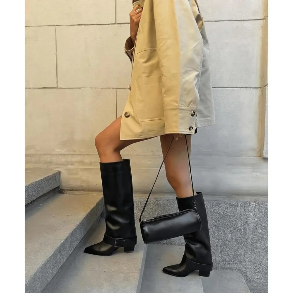 Women's Black Wide Calf Pointed Toe Belt Buckle Knee High Fall Long Boot